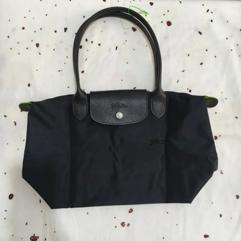 Longchamp Black Tote with Neon Green Trim